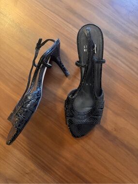 Stuart Weitzman Black Snake-Embossed Croc embossed Slingback Heels Sandals